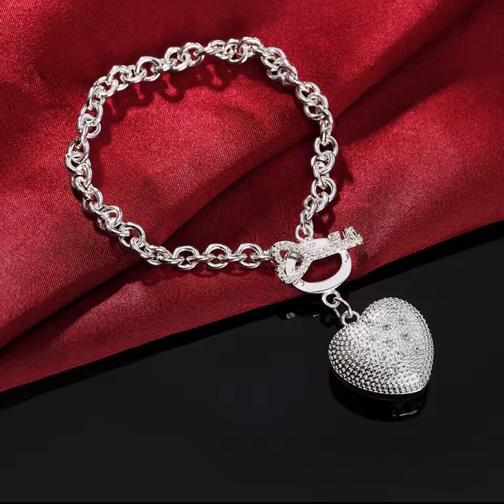 CUTE 925 SILVER HEART CHAIN FASHION BRACELET
